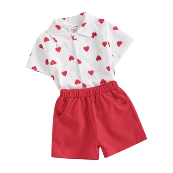 Бебешки детски момчета шорти комплект, къс ръкав сърце печат риза с ластик шорти малко дете комплект лято облекло Изображение
