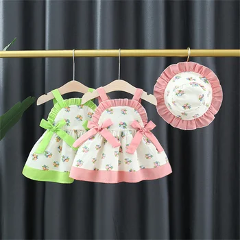 2-парче бебе принцеса лятна рокля + дантела шапка бебе момиче Лолита лък каишка цвете сладък корейски версия пола Изображение