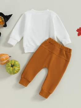Сладко и уютно бебе момче зимни дрехи очарователни тиква кръпка Crewneck графични суитчъри панталони комплект за стилен есен малко дете Изображение