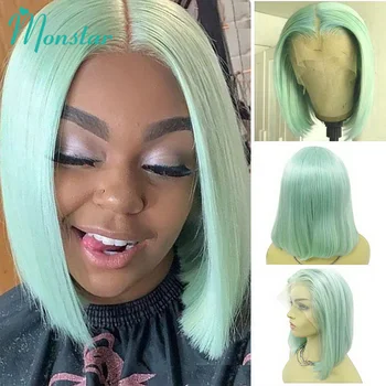 Mint Green Цветни прави перуки от човешка коса 13x6 Bob Frontal Transparent Lace Wig 180 Плътност Brizillian Remy 13x4 LaceFront Wig Изображение