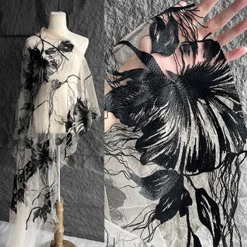 китайски стил черни големи цветя мастило измиване живопис бродирани дантела окото плат за парти рокля завеса грациозен дизайнер плат Изображение