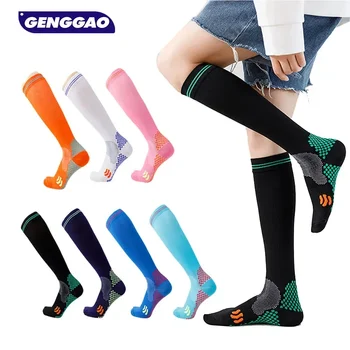 1 чифт компресионни чорапи за мъже жени 20-30mmhg коляното висока подкрепа за спортни медицински сестри циркулация полет атлетичен Изображение