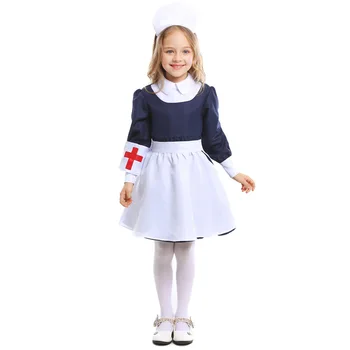 2020 Деца медицинска сестра униформа рокля Хелоуин и игра костюм за деца болница косплей момиче за синьо бяла рокля фантазия парти Изображение