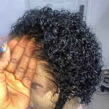 Pixie нарязани перуки за жени човешки цветове на косата 99J суров индийски къс боб извратен къдрав 13X1 прозрачен 150 плътност водна вълна евтини Изображение
