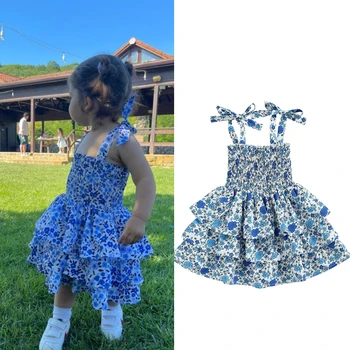 FOCUSNORM 0-4Y Летни бебешки момичета принцеса рокля каишка без ръкави дантела нагоре цветя отпечатани многослойни прашка рокли Изображение