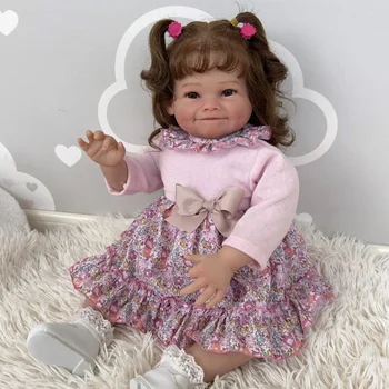 24inch Преродена бебешка кукла Малко дете момиче усмихнато лице мека кърпа тяло кукла ръчно рисувани кукла 3D кожата видими вени Изображение
