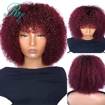 Short Afro Kinky Curly Bob Cut 99J Red Burgundy Color Glueless Full Machine Made Cheap Human Wig With Bangs Indian Remy Hair Изображение