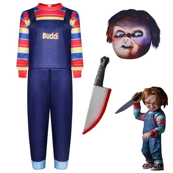 Хелоуин костюми на ужасите Детски Чъки косплей костюм призрак кукла пълен комплект с маска играчка кошмар за момиче фестивал облекло Изображение