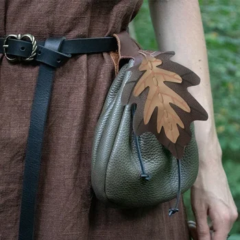 Средновековна шнур листа талия чанта кожа елфически торбичка монета чанта Woodland елф аксесоар колан елф Хелоуин костюм реквизит Изображение