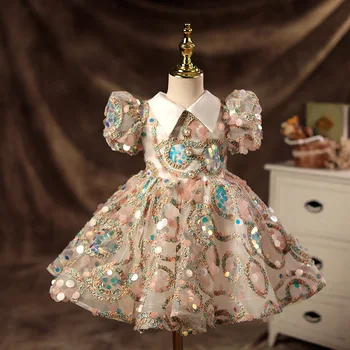 Пайети изящни цветя момиче рокли бутер ръкав завой-надолу яка деца пола топка рокля диференцирани дизайн момиче рожден ден рокли Изображение