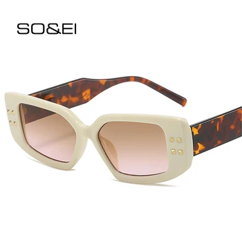 SO&EI Ретро котешко око жени луксозни слънчеви очила нюанси UV400 модни нитове мъжки чай розов градиент правоъгълник слънчеви очила Изображение