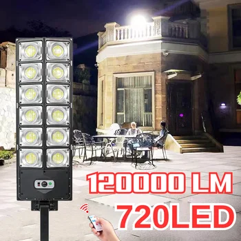 Най-новите мощни 12000LM слънчеви LED светлини на открито супер ярки 720LED градинска лампа със сензор за движение дистанционно управление улично осветление Изображение