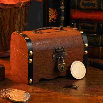 Реколта съкровище кутия Начало декор дървени съкровище съхранение кутия прасенце банка организатор кутия декоративни дърво съхранение багажника с ключалка Изображение