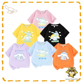 Sanrio тениска Cinnamoroll Kawaii момичета лятна къса риза деца карикатура сладко облекло студентски дрехи връхни дрехи деца подарък Изображение