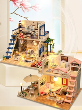 Играчки за деца Casa Doll House включва мебели за прахово покритие Diy миниатюрни 3D дървени миниатюри Dollhouse подаръци за рожден ден Изображение