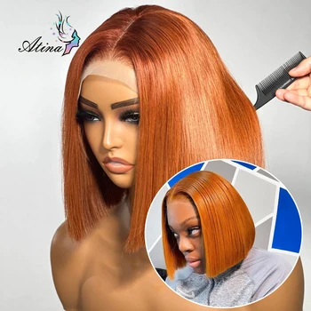 Прав Боб HD прозрачна дантела фронтална човешка коса перука лепило оранжев цвят невидим дантела предни перуки за черни жени Атина Изображение